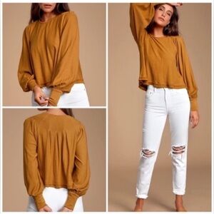 Free People Billie Puff Sleeve Slouchy Cropped Top Rust Brown Women’s Sz XS